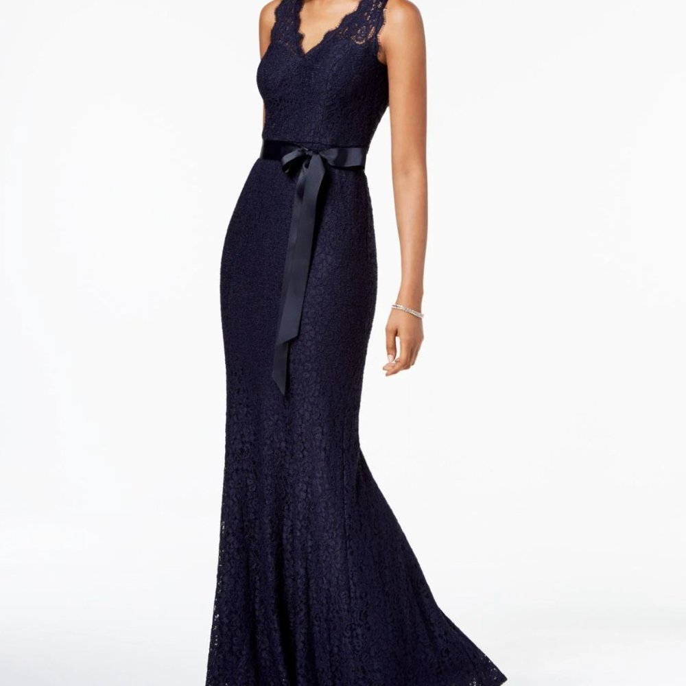 Adrianna Papell Lace V-Neck Gown - Navy